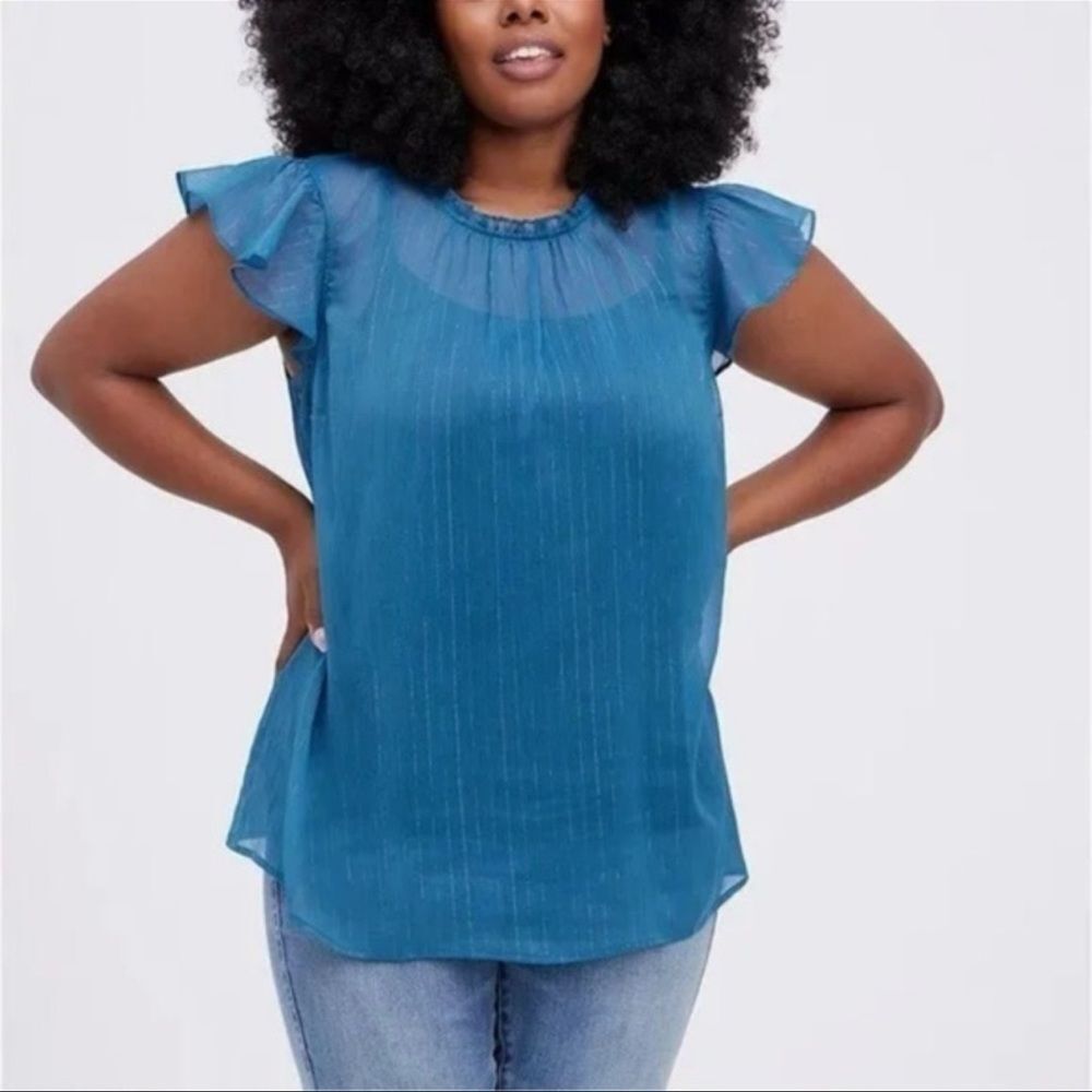 Torrid Blue Flutter Sleeve Sheer Blouse – Size 0 (12/Large) – NWT